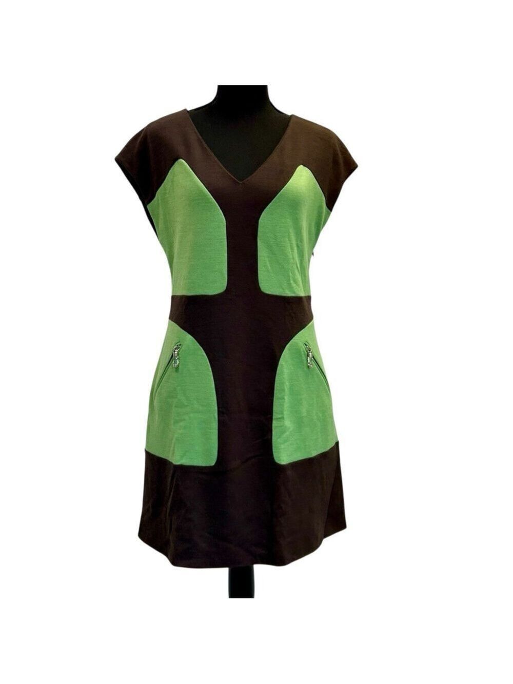 Emilio Pucci brown green short sleeve V-neck shift midi dress Sz 10